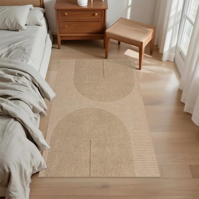 Easy Jute Rug 3x5 Outdoor: Natural Area Rugs for Patio Linen-Look Fabric Durable - Neutral Washable Carpet Mat for Entryway Bedroom Kitchen Non-Slip - Geometric Arch Pattern