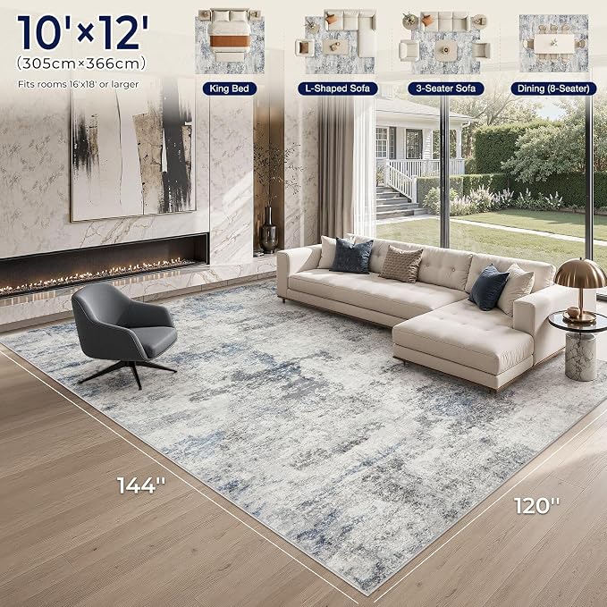 DMOYEST 10x12 Area Rug for Living Room Washable Abstract Indoor Carpet | Neutral Modern Low Pile Rugs Kid & Pet Friendly Large Soft Thin Carpet for Bedroom Dining Room - Grey Blue