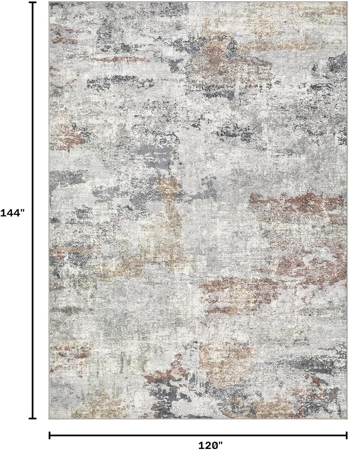 DMOYEST 10x12 Area Rug for Living Room Washable Abstract Indoor Carpet | Neutral Modern Low Pile Rugs Kid & Pet Friendly Large Soft Thin Carpet for Bedroom Dining Room - Grey/Orange/Yellow