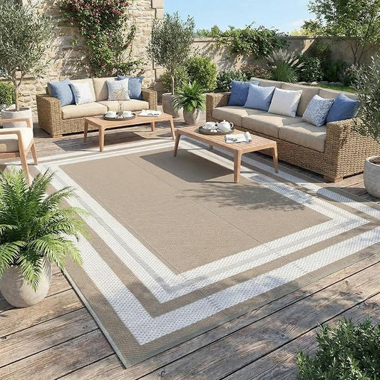 Garvee Outdoor Plastic Straw Rug 10x14 Patio Rug Waterproof Reversible Mat Lightweight Carpet Easy Clean Foldable Large Camping Rugs for Backyard Porch RV Beach Balcony Deck Picnic Panel Grey Brown