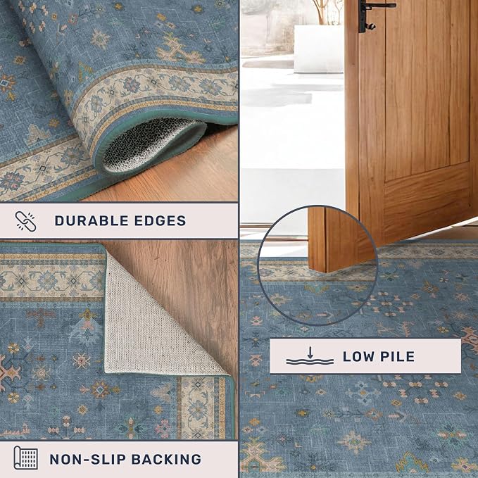 Boho 2'6"x10' Wide Runner Rugs for Hallway Non Skid- 10ft Light Blue Washable Non Slip Long Entryway Rug, Low Pile Geometric Floral Indoor Décor
