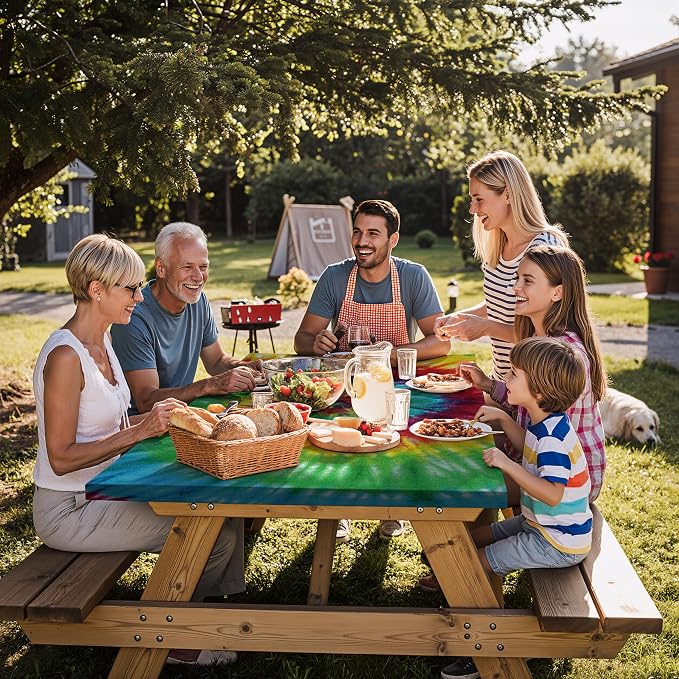 Fitted Waterproof Picnic Table Cover with Bench Covers Elastic 96×30In 3 Piece Camping Table Cloth for 8Ft Rectangle Tables Outdoor Camper Gifts Supplies Patio Rv Traveling Hiking Must Haves