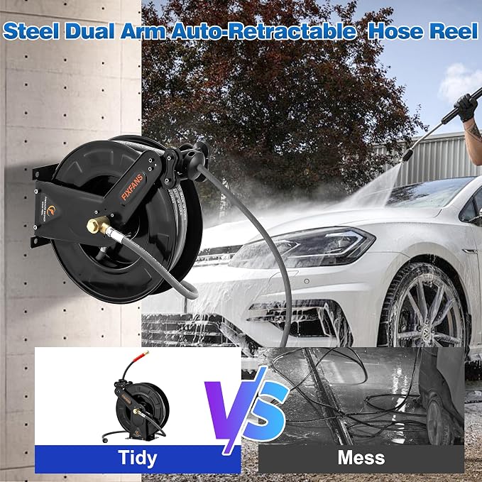 FIXFANS Pressure Washer Hose Reel with Hose for Hot and Cold Water, 3/8" X 50 FT Steel Auto-Retractable High Power Wash Hose Reel, Heavy Duty Hose Reel - Wire Braided Hose 4000 PSI, Black