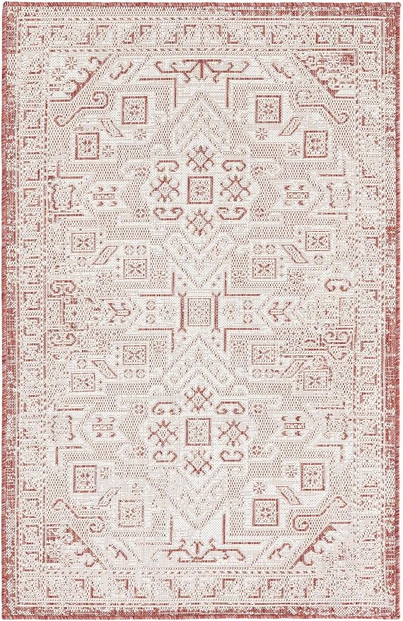 Unique Loom Outdoor Aztec Collection Area Rug - Coba (3' 3" x 5' 3" Rectangle, Rust Red/ Ivory)