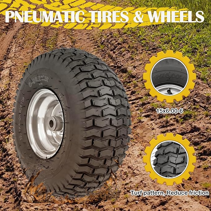 15x6.00-6 Lawn Mower Tire and Wheel, 570LBS Capability, Compatible with J ohn Dee re, C ub Cad et, C raftsman, H usqvarna Riding Tractors and Mowers, 3/4" Bushing, 3" Centered Hub, 2 Pack