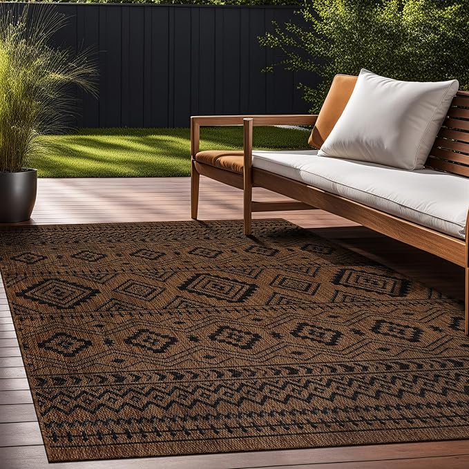 Beverly Rug Waikiki Boho Indoor Outdoor Rug 5x7, Washable Outside Carpet for Patio, Deck, Porch, Bohemian Area Rug, Farmhouse Rugs, Aztec Tribal Rug, Nut Brown and Black