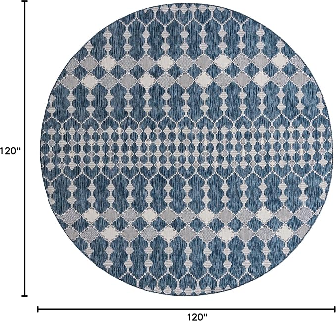 Unique Loom Outdoor Trellis Collection Area Rug - Traliccio (10' Round, Blue/ Ivory)