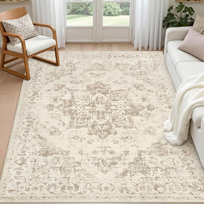 4x6 Area Rugs Living Room: Bedroom Washable Carpet Beige/Ivory | Vintage Boho Soft Small Indoor Decor Floor Non-Slip Low Pile Neutral Farmhouse Entryway Laundry Bathroom Bedroom Beside Rugs