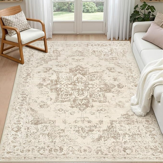 4x6 Area Rugs Living Room: Bedroom Washable Carpet Beige/Ivory | Vintage Boho Soft Small Indoor Decor Floor Non-Slip Low Pile Neutral Farmhouse Entryway Laundry Bathroom Bedroom Beside Rugs