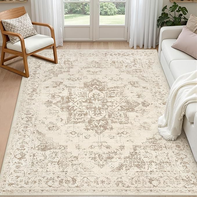 6x9 Area Rugs Living Room: Bedroom Washable Carpet Beige/Ivory | Vintage Boho Soft Small Indoor Decor Floor Non-Slip Low Pile Neutral Farmhouse Entryway Laundry Bathroom Bedroom Beside Rugs