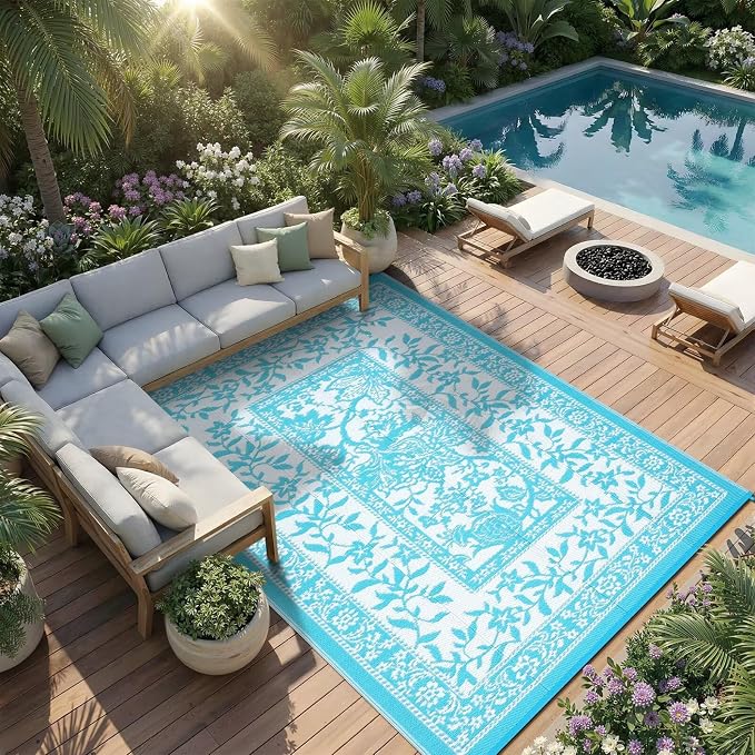 Garvee Outdoor Rug 8x10, Waterproof Reversible Foldable Plastic Straw Rug, Botanical cottagecore Outdoor Rugs Patio Camping RV Carpet for Deck Camper Porch Balcony Backyard Picnic Beach Blue