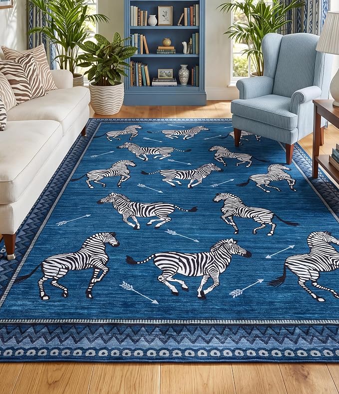 YIHOUSE Blue Zebra Area Rugs 5×7, Washable Animal Print Rug with Southwestern Border, Non-Slip Low Pile Mid-Century Modern Carpet for Living Room, Bedroom, Dining Room