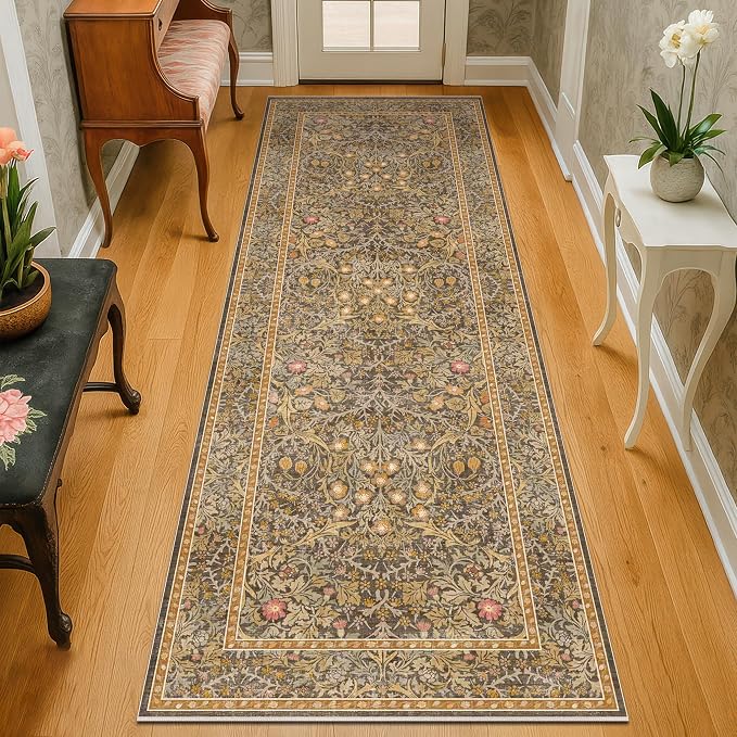 Brown 2'6" x 8' Runners for Hallways Non Slip, Extra Long Floor Runner for Kitchen, Entryway Indoor, Washable Rubber Backing Stain Resistant - Soft Boho Vintage Gold Brown Floral Décor