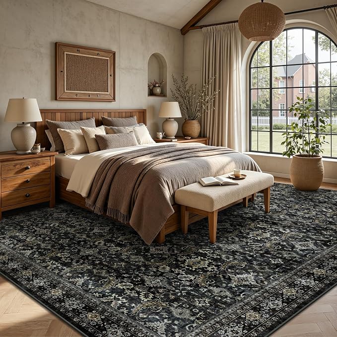 8x10 Area Rugs for Living Room - Washable Vintage Retro Large Rug, Soft Ultra Thin Non Slip Low Pile Traditional Distressed Boho Carpet for Bedroom Dining Room Home Office, Black Gold