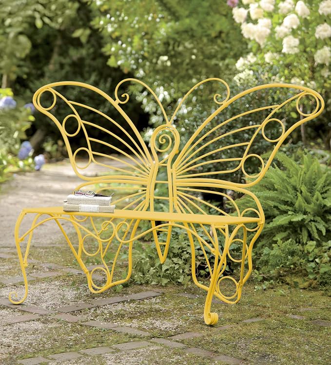 Plow & Hearth Weatherproof Butterfly Outdoor Bench | Holds Up to 300 lbs | Garden Patio Porch Park Deck | Metal | Yellow