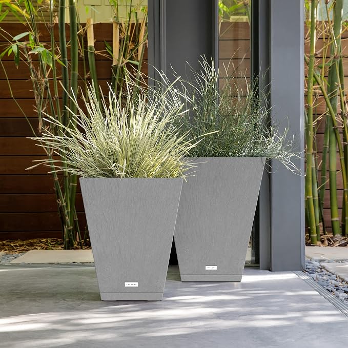 Veradek Nobleton Indoor/Outdoor Wide Square Planter (Light Grey, 22 inch - 2 Pack with 2 Saucer Trays)
