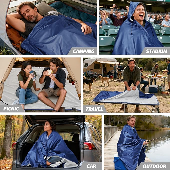 Large Waterproof Outdoor Picnic Blanket 80"x 58" | Windproof Lightweight Stadium Blanket, Packable, Stay Dry and Comfortable for Camping, Sports, Travel - Blue Hooded