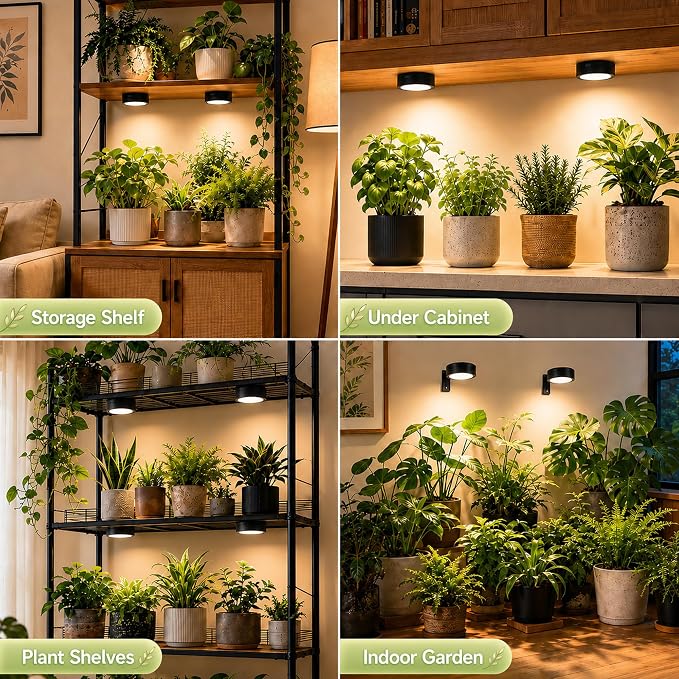 3-Pack Rechargeable Grow Lights for Indoor Plants, Cordless Plant Grow Lamp | Wireless Full Spectrum LED Plant Light with Magnetic, 7 Lights Mode Puck Grow Lamp with Remote Dimmable＆Timer for Plant Shelf
