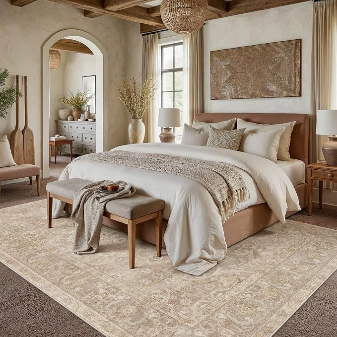 Brown 5x7 Washable Area Rug Living Room Vintage Distressed Carpet | Soft Low Pile, Non Slip, Stain Resistant, Large, Retro Accent Decor for Bedroom, Dining Room, Office, Kids Room