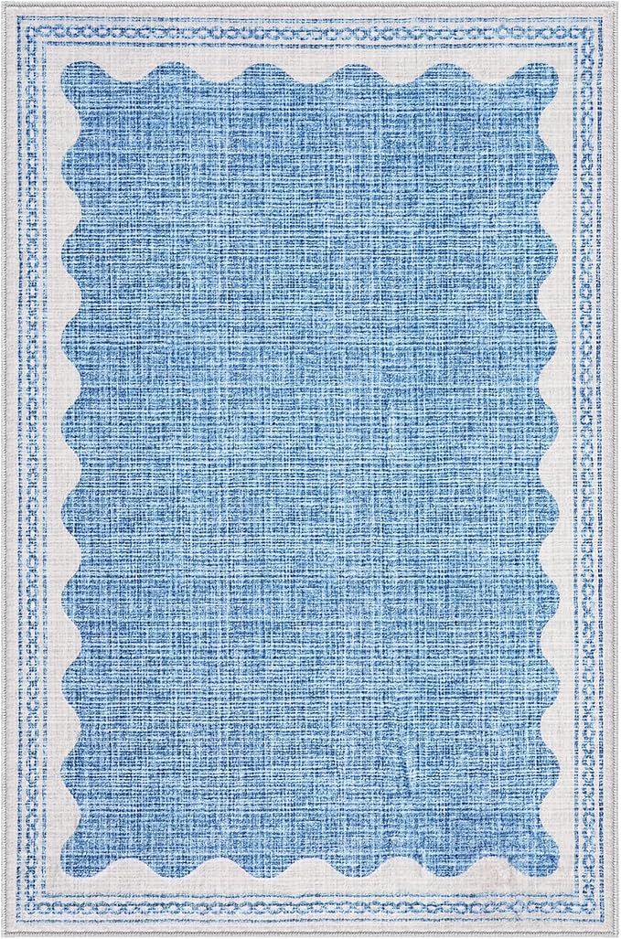 GarveeHome Scalloped Blue Washable Area Rug 6x9 Rugs for Living Room Soft Low-Pile Solid Large Carpet for Bedroom Dining Nursery Non Slip Mat with Rubber