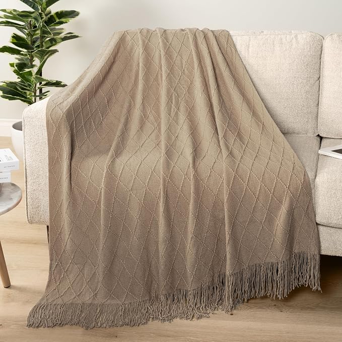 PAVILIA Tan Taupe Knit Throw Blanket for Couch, Twin Bed, Soft Knitted Farmhouse Sofa Throw for Living Room, Lightweight Decorative Fall Blanket for Chair, Outdoor Textured Boho Blanket, 60x80