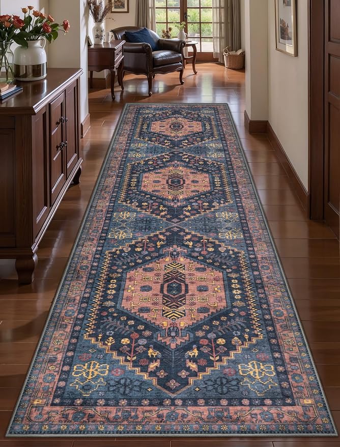 Ciicool 3x8ft Hallway Rug,Long Runner Navy Rugs for Vintage Kitchen Decor | Oriental Non-Slip Thin Vintage Indoor Soft Boho Entry Carpet for Entryway Bedroom Bedside Living Room Laundry Bathroom