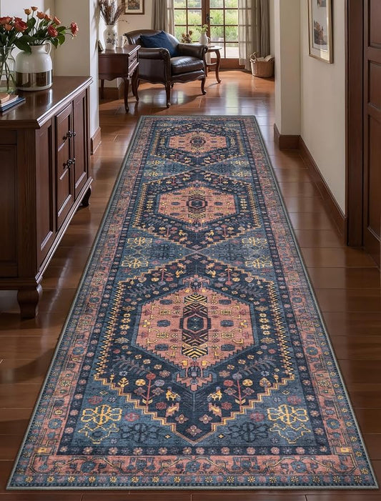 Ciicool 3x8ft Hallway Rug,Long Runner Navy Rugs for Vintage Kitchen Decor | Oriental Non-Slip Thin Vintage Indoor Soft Boho Entry Carpet for Entryway Bedroom Bedside Living Room Laundry Bathroom