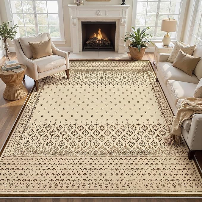 Joydeco Living Room Area Rug 6x9, Geometric Washable Rugs for Bedroom | Vintage Boho Non Slip Low Pile Soft Ultra Thin Distress Indoor Throw Floor Carpet for Dining Room Home Office Farmhouse Beige