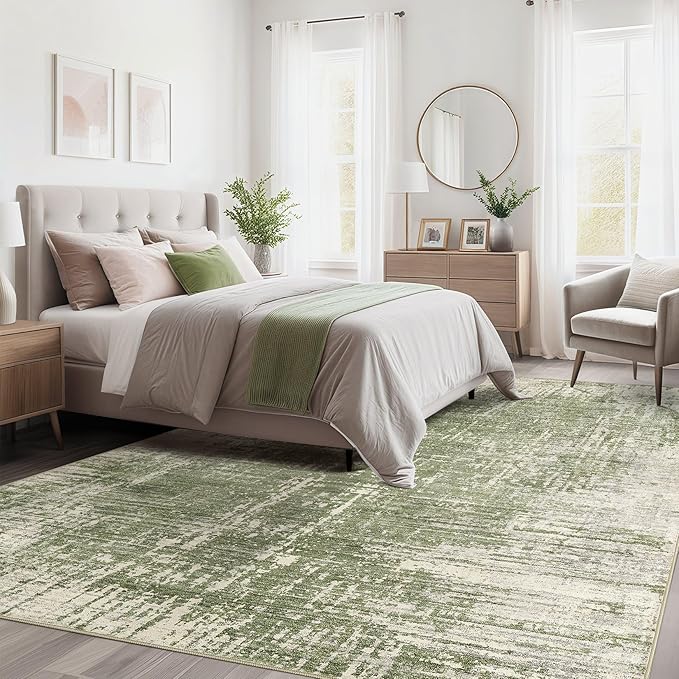kakania Abstract 9x12 Area Rugs for Living Room: Washable Rugs Green | Soft, Non-Slip, Low-Pile, Pet & Kid Friendly - Large Modern Home Decor Carpet for Bedroom/Dining Room/Office/Nursery