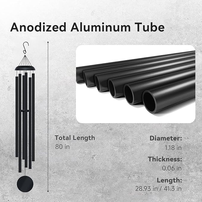 WindChimes Outdoors, 80 Inches Extra Large Deep Tone Metal WindChimes with 6 Thickened Aluminum Tubes, Wind Chimes for Outside, Memorial Wind Chimes Best Gift for Mom Grandma Women, Black