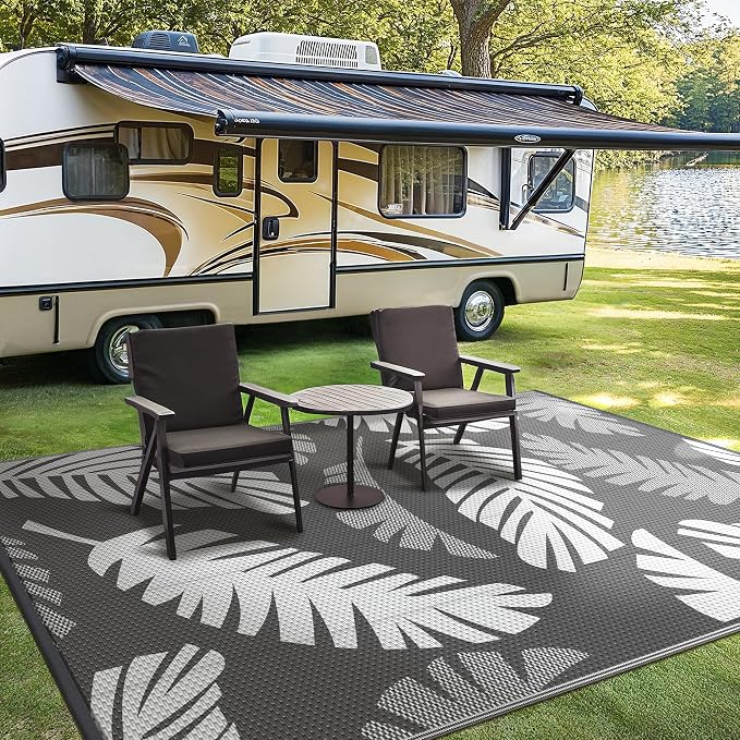 GENIMO Waterproof Outdoor Rug 6' x 9' for Patio Decor, Reversible Plastic Straw Area Rugs for Camping Clearance, RV Mat, Large Outside Carpet for Porch, Deck, Picni, Balcony, Garden, LightGrey & White