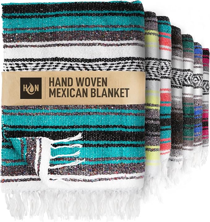 Authentic Extra Large Mexican Blanket - 70"x50" Handwoven Yoga, Serape, Artisanal Falsa, Beach, Camping, Picnic, Outdoor Blanket (Emerald)