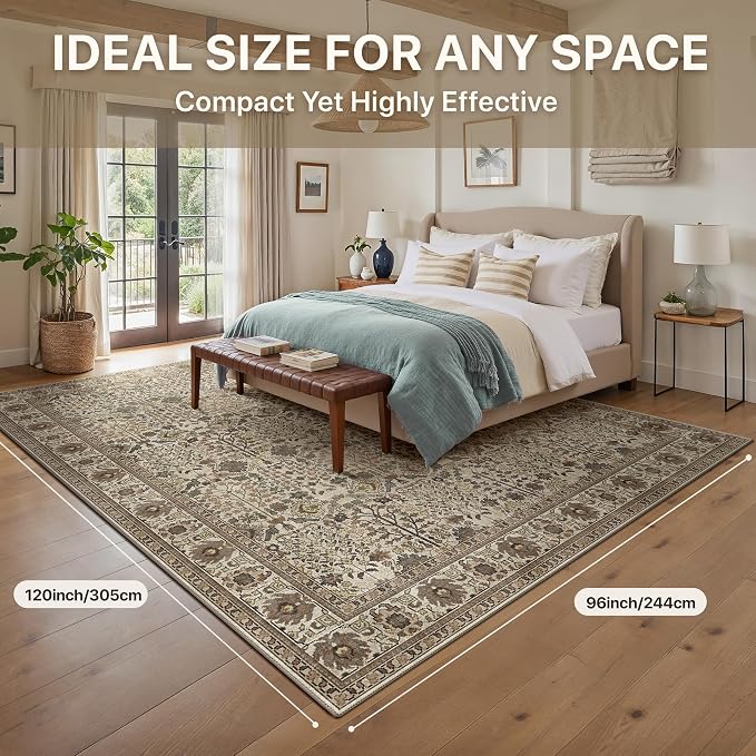 Washable Rugs 8x10 for Living Room, Vintage Floral, Dark Espresso | Spill Resistant, Lightweight, Low Pile Non-Shedding Carpet for Bedroom, Dining Room and Office