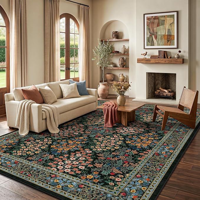 6x9 Area Rugs, Washable Floral Area Rugs for Living Room, Indoor Area Rug for Bedroom, Dining Room, Low Pile Non-Slip Non Shedding Rug(Black Floral)