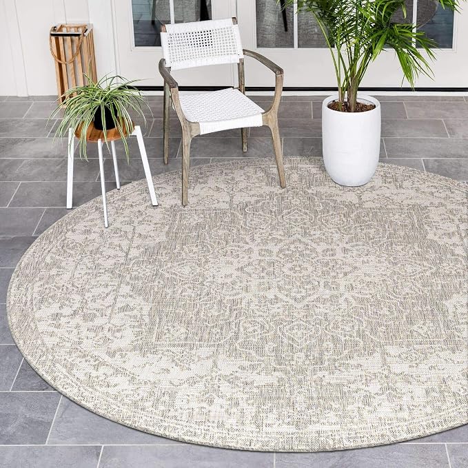 Unique Loom Outdoor Collection Area Rug - Dubai (4' 1' Round, Gray/ Ivory)