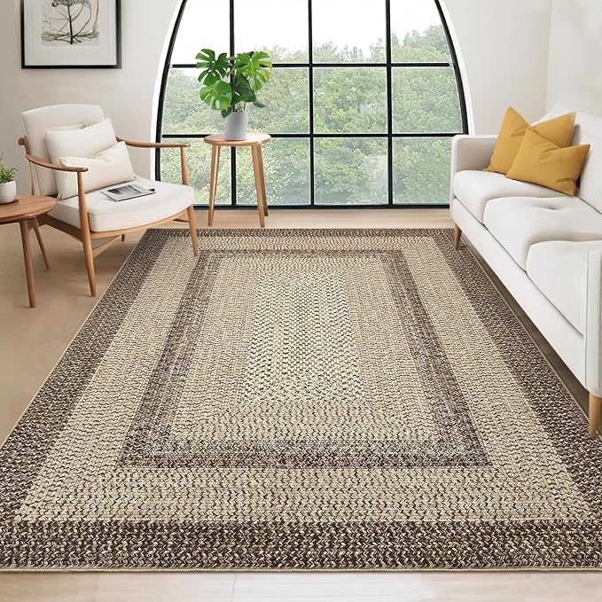 RUGSREAL 8x10 Washable Area Rug for Living Room with Rubber Backing | Stain Resistant Large Bedroom Throw Carpet Modern Geometric Floor Cover Modern Border Rug for Home Decor Office, Camel