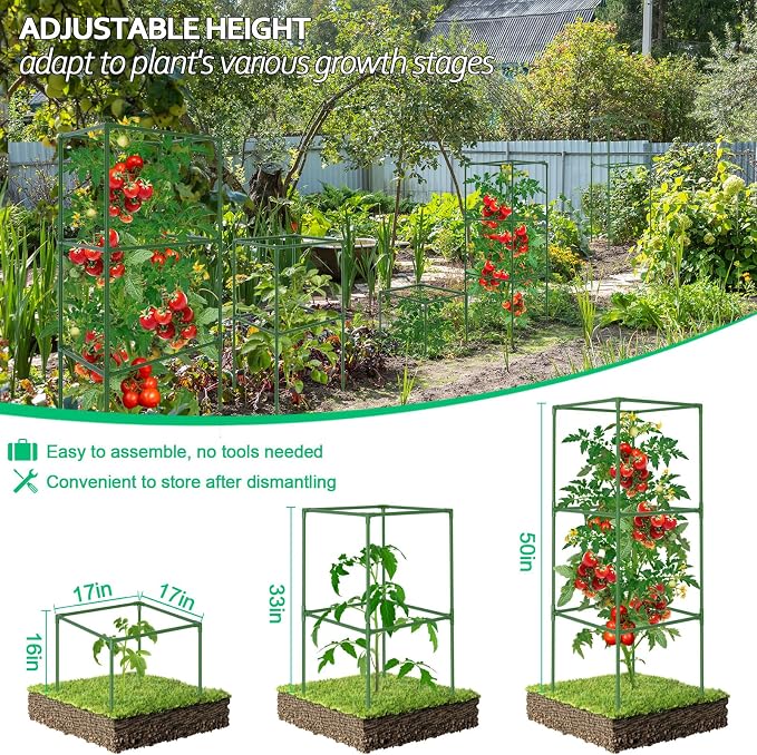 WLLEYAY 3 Pack Tomato Cages, Square Tomato Plant Stakes Support Cages Trellis, 50 * 17 * 17in Heavy Duty Steel Plant Tower Stakes Cucumber Trellis for Garden Climbing Vegetables Flowers Fruits, Bold