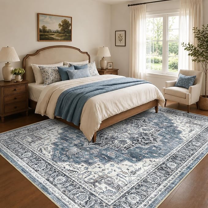 8x10 Area Rug for Living Room Large Vintage Distressed Area Rug | Non-Slip, Retro Print, Low Pile, Stain Resistant Carpet, Soft Easy Clean Blue Area Rug, for Bedroom, Dining Room, Playroom