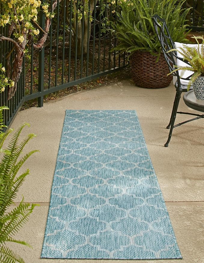 Unique Loom Trellis Collection Area Rug-Lattice Design, Moroccan Inspired for Indoor/Outdoor Décor, 2 ft x 8 ft Runner, Aquamarine/Gray