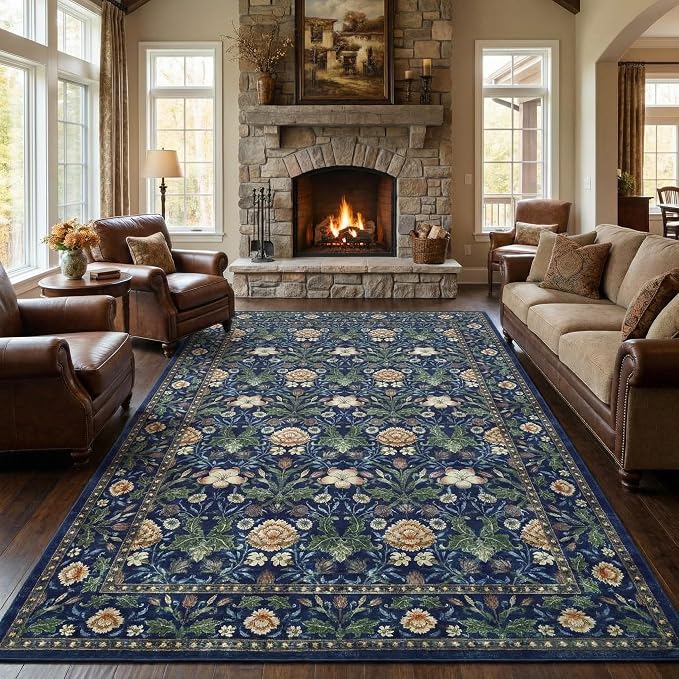 GarveeHome Area Rugs 8x10 for Living Room, Forest Green Floral Large Washable Rug Soft Non Slip Carpet Indoor Thin Accent Rug for Bedroom Dining Room Playroom Nursery Home Decor