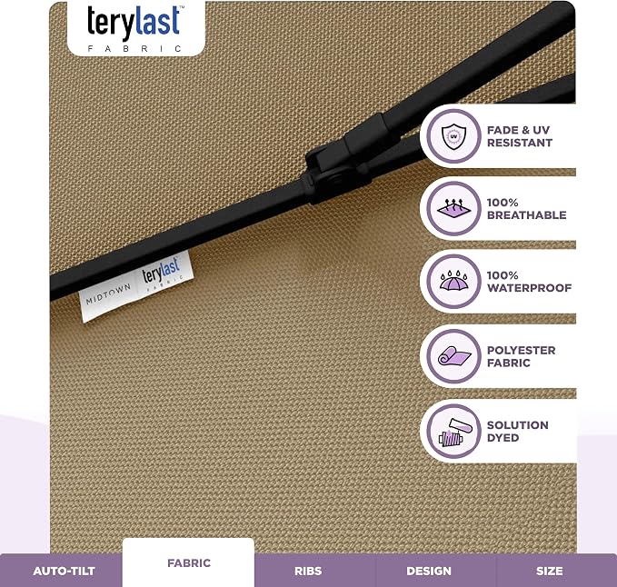 Midtown Umbrellas - 10-Year-No-Fade 6 Ft Patio Umbrella with Terylast Fabric, Auto-Tilt Aluminum Frame and 8 Reinforced Ribs for Deck, Pool, Garden & Beach - Chestnut Beige Canopy, Black Pole
