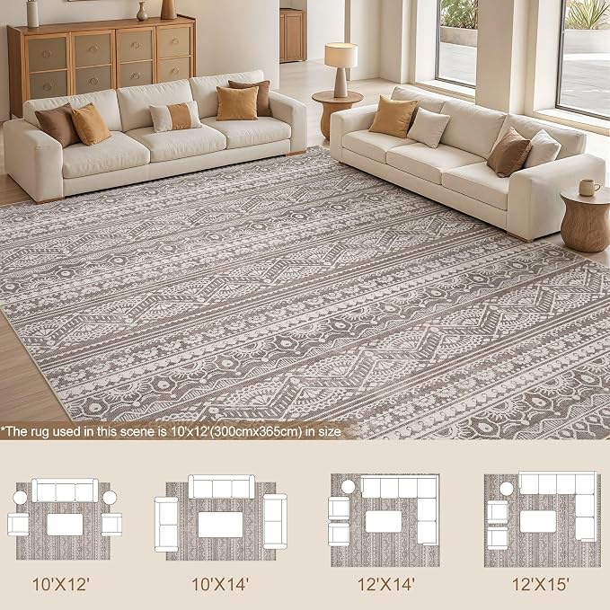 Tortania Area Rug Living Room Rugs - 10x14 Washable Large Soft Neutral Boho Moroccan Bohemian Farmhouse Rug Indoor Floor Carpet for Bedroom Under Dining Table Home Office Decor - Dark Brown