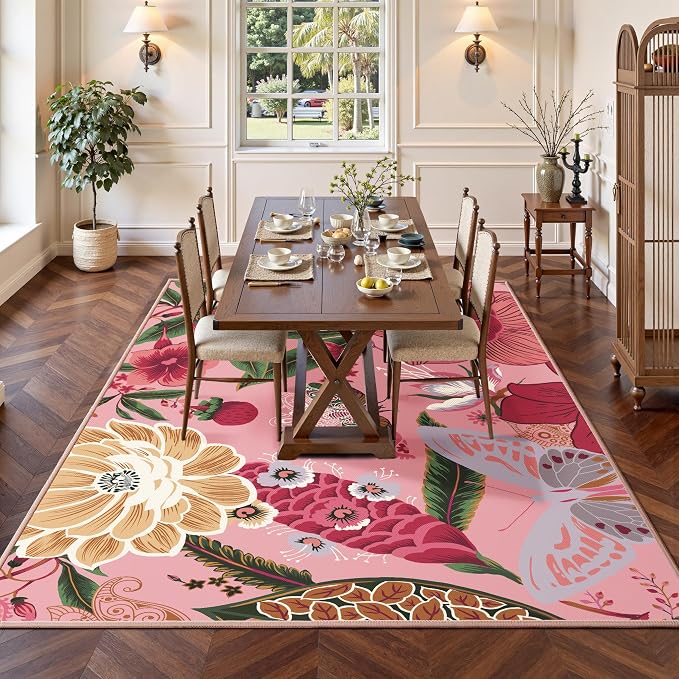 Tyrot Pink Boho Floral Living Room Rug, 5x7 Rug Washable Botanical Butterfly Area Rugs Flat Woven Ultra-Thin Non Slip Low Pile Carpet for Bedroom, Dining Room, Office, Kids Room
