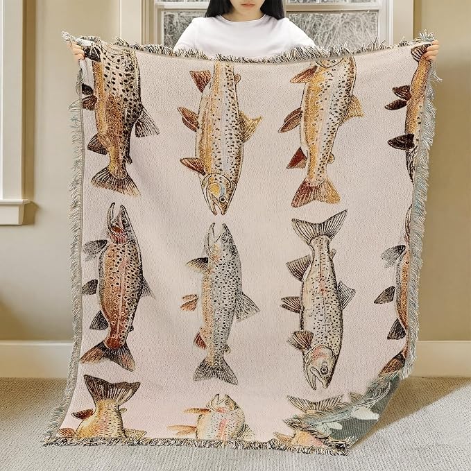 Moukeren 60 x 50 Inch Woven Tapestry Throw Blanket with Colorful Tassel, Rainbow Trout, Great Lakes Trout Fishing Gift, Fly Fishing Gift for Fisherman Dad or Husband
