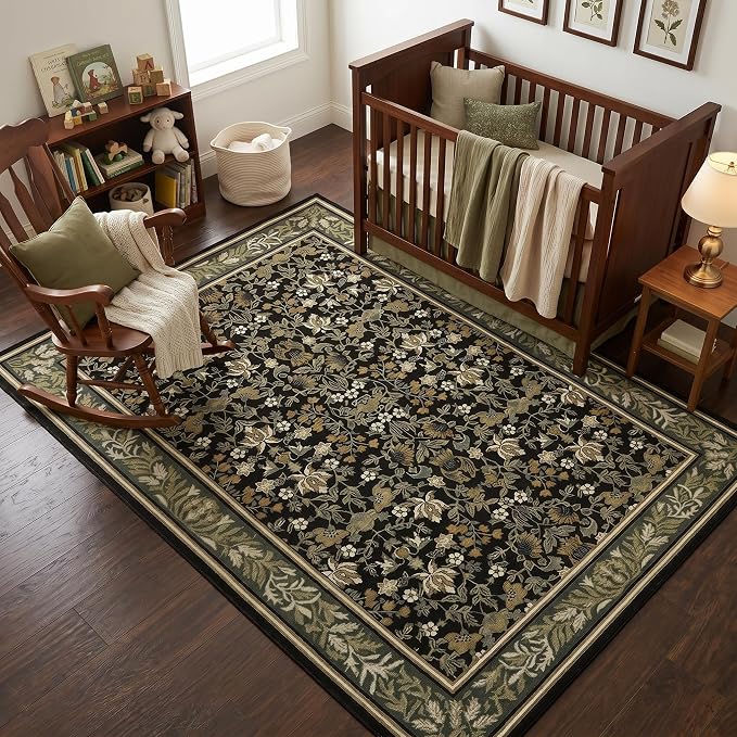 GarveeHome 6x9 Area Rugs for Living Room: Washable Bedroom Rug Green Black | Boho Vintage Non Slip Soft Low Pile Stain Resistant Indoor Carpet for Farmhouse Dining Room Nursery Home Office
