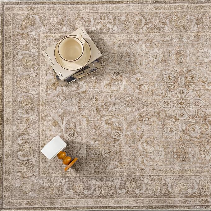 Brown 2x6 Washable Runner Rug Kitchen Vintage Distressed Carpet | Soft Low Pile, Non Slip, Stain Resistant, Retro Accent Decor for Hallway, Entryway, Laundry Room, Bathroom