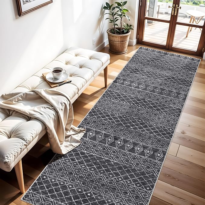 2x8 Black Moroccan Geometric Hallway Runner:Washable Non Slip Rug | Modern Boho Mat, Soft Stain Resistant, Easy to clean, Suitable for Kitchen Entryway Bedroom, Pet Family Friendly