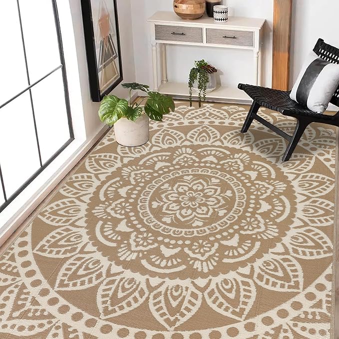 Bsmathom Waterproof Outdoor Rug 6'x9' Reversible Boho Plastic Straw Patio Deck Camping Rugs, Indoor Outdoor Portable RV Mat Clearance Carpet for Outside, Porch, Balcony, Backyard, Beach, Pool,Brown
