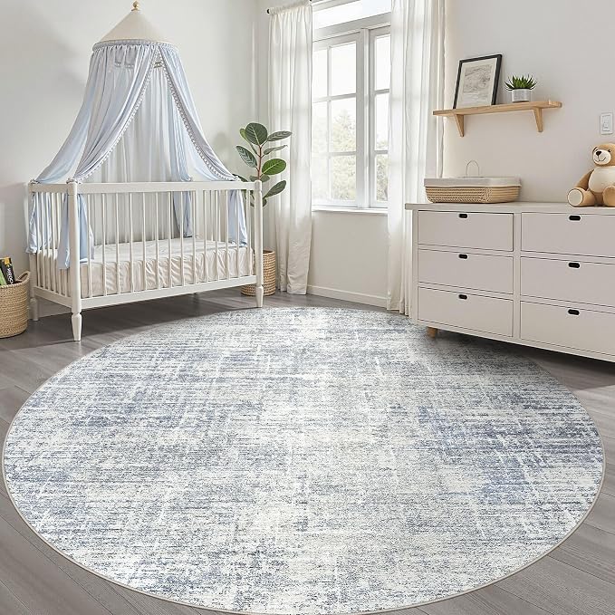 LOONGRUG Round Rug 7x7 Washable Neutral Modern Rug for Living Room Blue | Circle Large Abstract Soft Stain Resistant Indoor Non-Slip Carpet for Bedroom Nursery Kids Office Playroom Dining Room