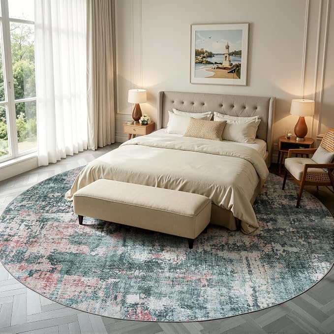Sasttie 8ft Round Rug, Modern Abstract Large Circle Carpet, Pink & Green | Machine Washable, Ultra-Soft Faux Wool, Low Pile, Non-Slip, Lightweight, Thin, for Living Room, Bedroom, Dinning Room & Dorm